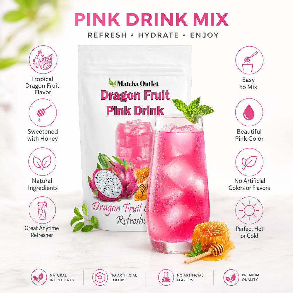 Pink Drink mix package and dragon fruit and honey serving illustration