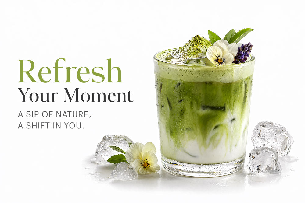 Iced Sweet Japanese Matcha latte with Refresh Your Moment message