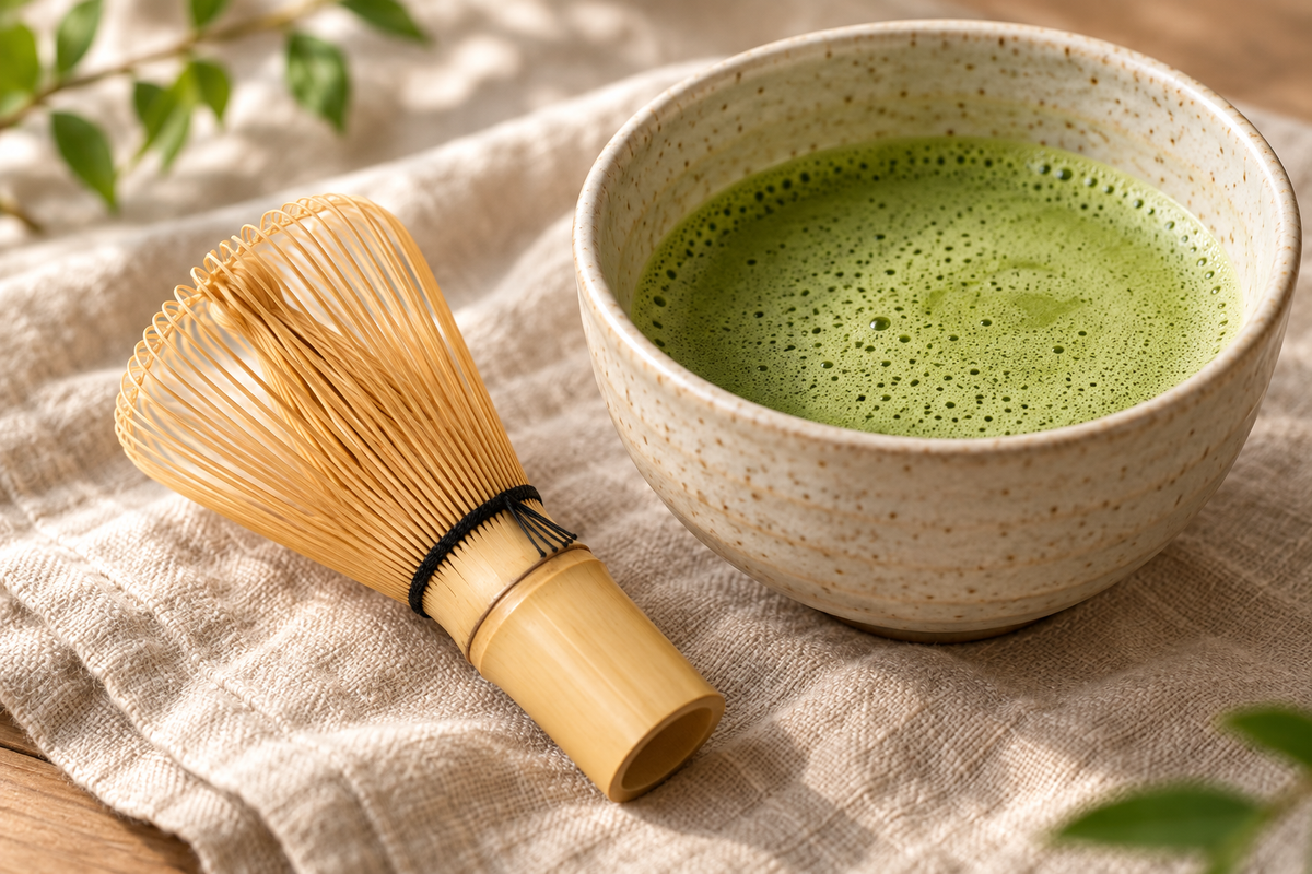 Bamboo matcha whisk beside a bowl of whisked matcha on linen
