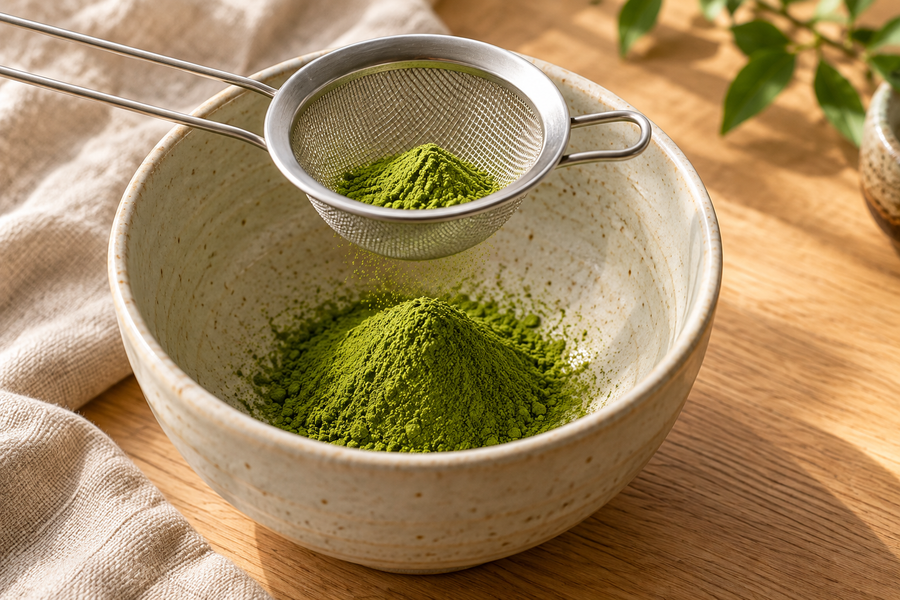 Sifting matcha powder into a ceramic bowl
