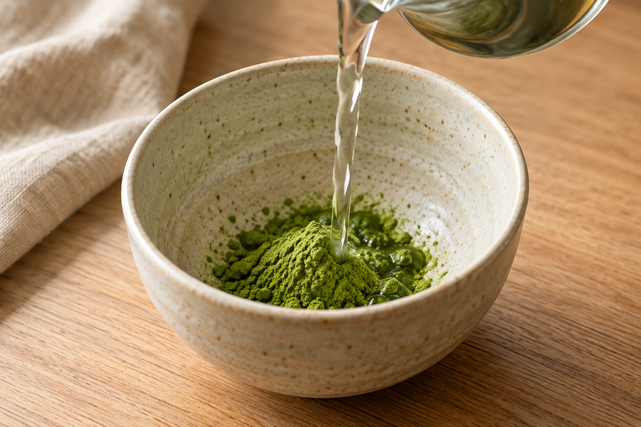 Adding warm water to matcha powder in a ceramic bowl