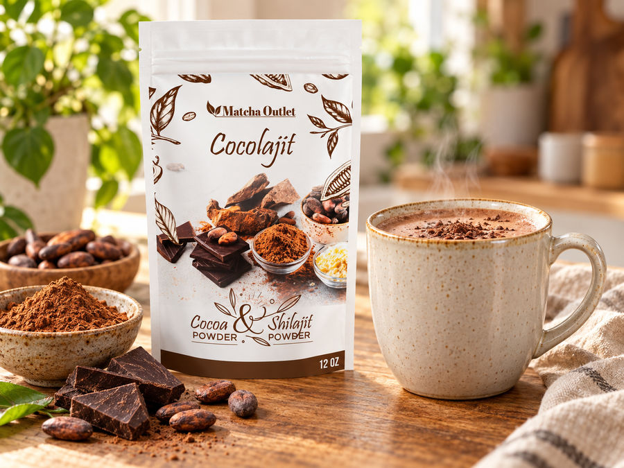 Cocolajit cocoa and shilajit blend pouch beside a cocoa drink on warm linen