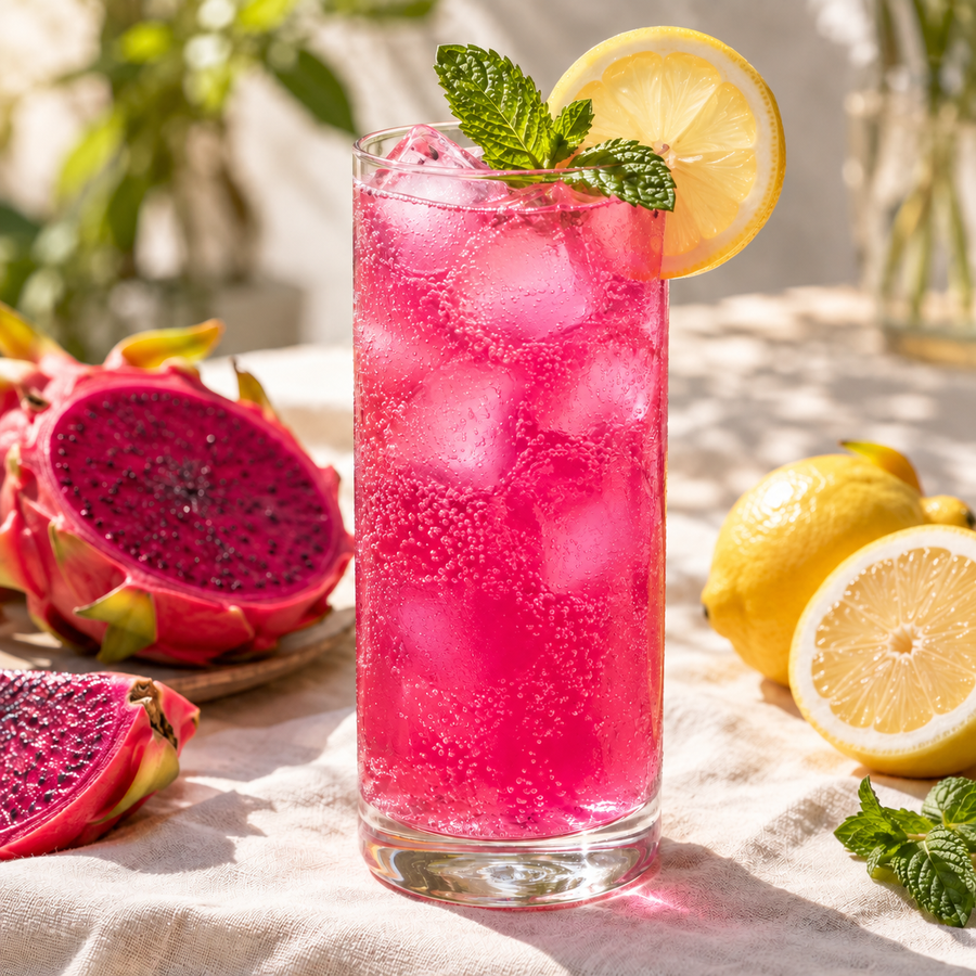 Pink sparkling pitaya lemonade over ice with lemon and mint