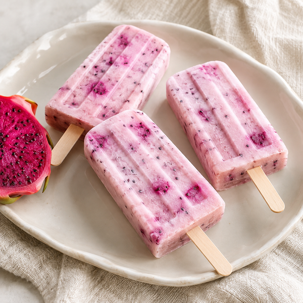 Pink dragon fruit yogurt popsicles on an ivory tray