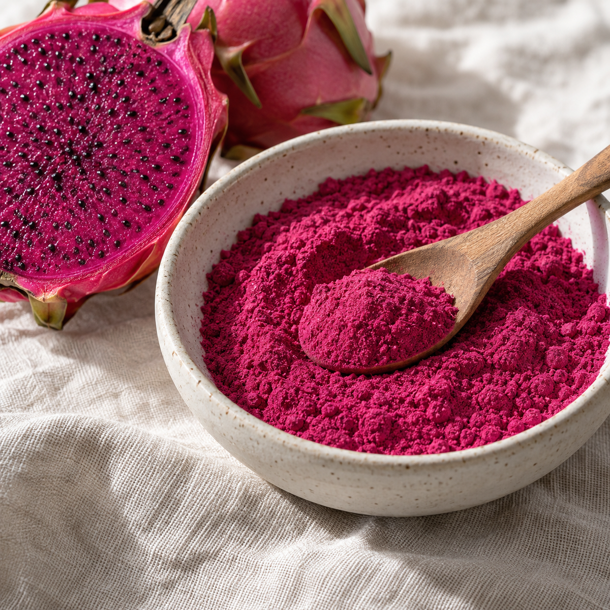 Vivid pink freeze-dried dragon fruit powder in a ceramic bowl with a wooden spoon