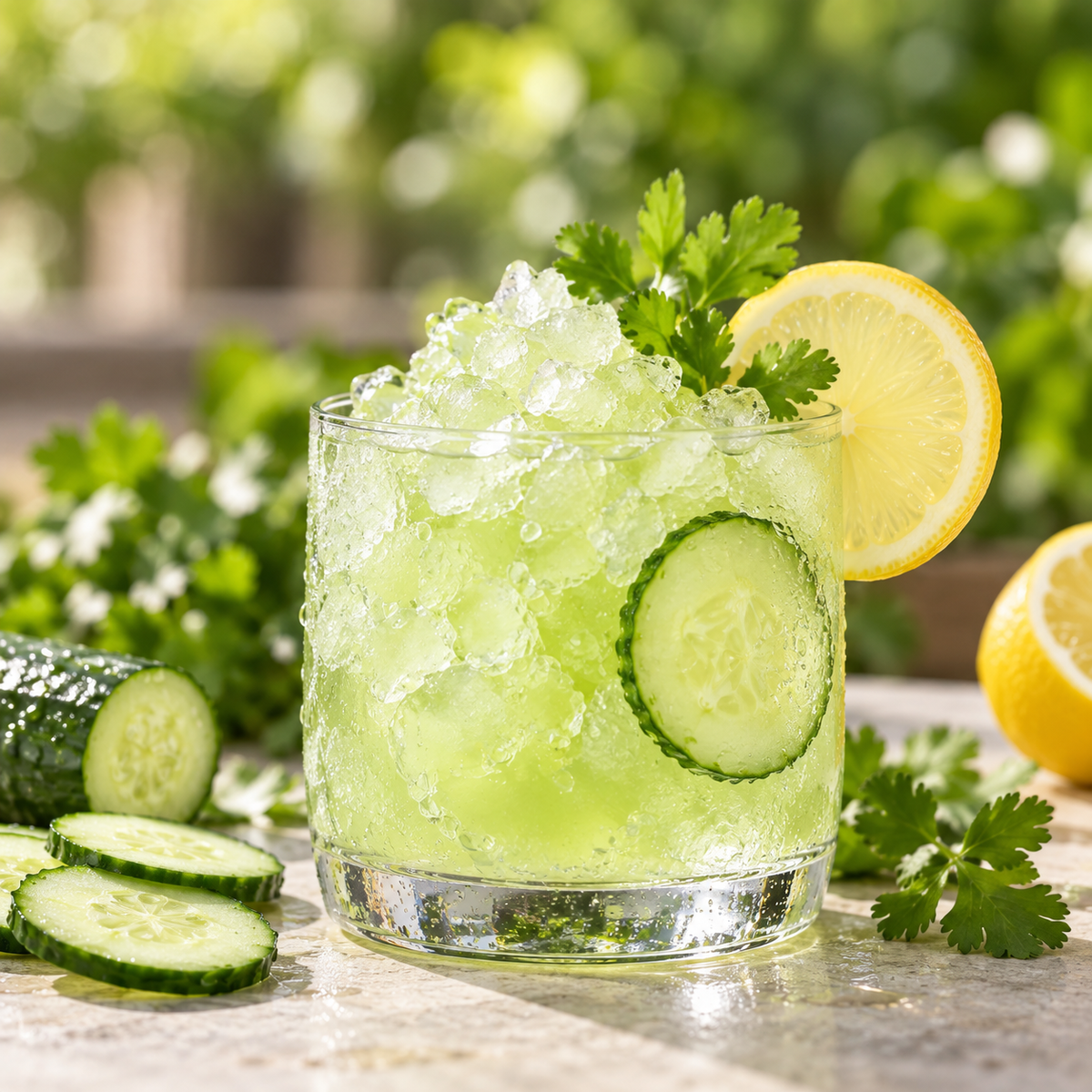 Frozen pale green cucumber refresher slush with cucumber and lemon