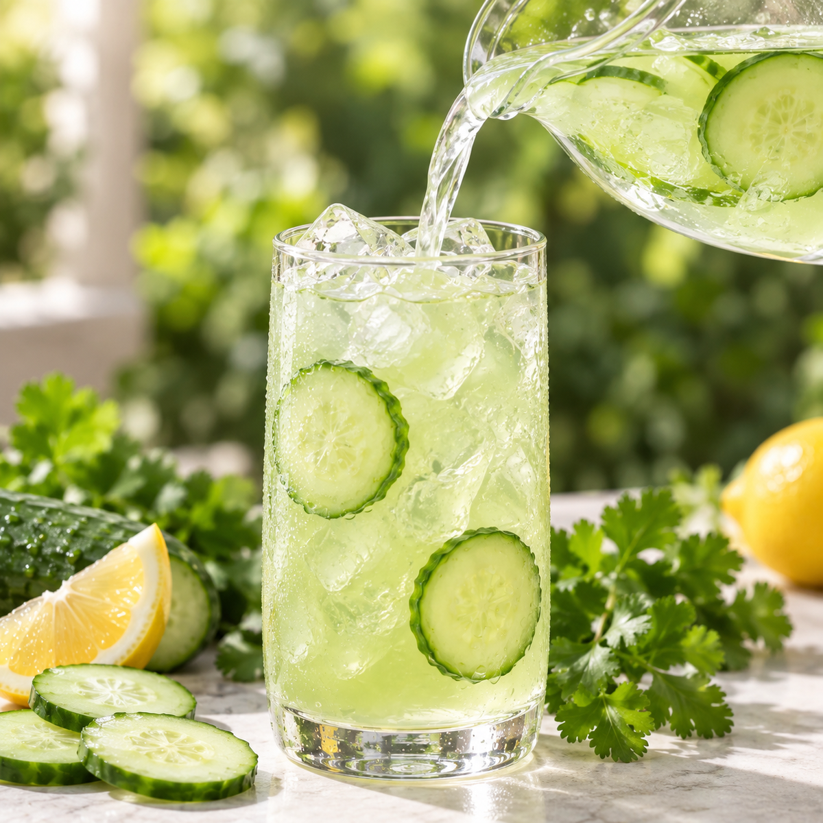 Cold cucumber refresher being poured from a glass pitcher over ice