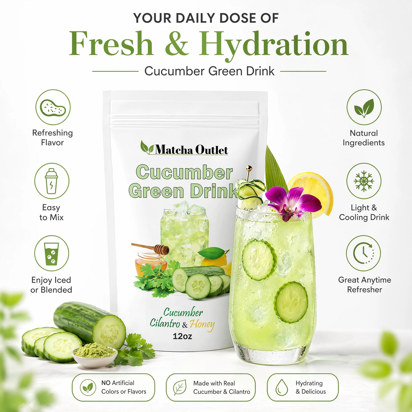 Green Drink cucumber refresher mix with honey, lemon and cilantro