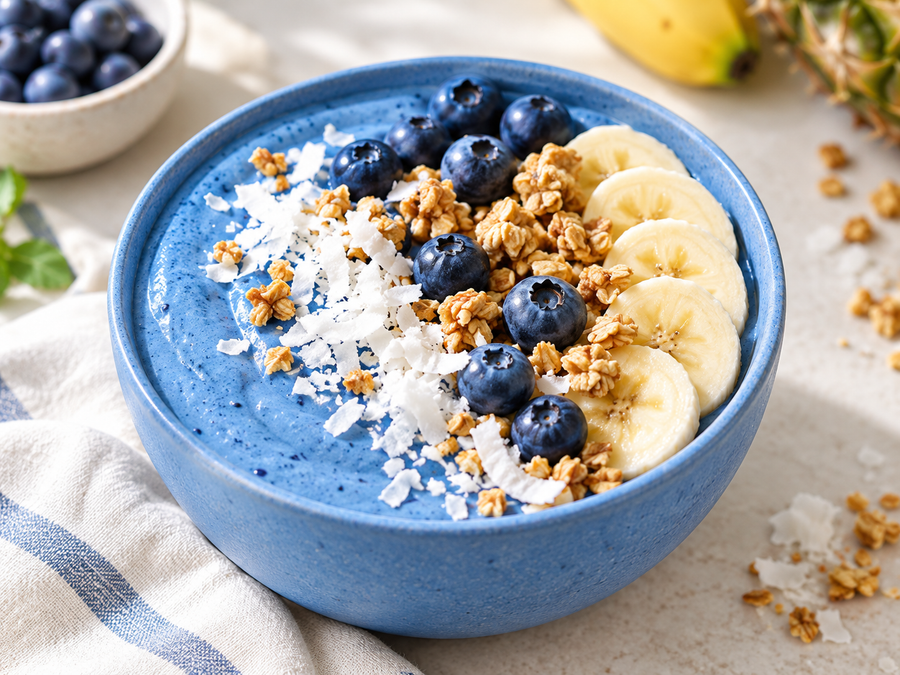 Sky-blue spirulina smoothie bowl with banana, blueberries, coconut and granola