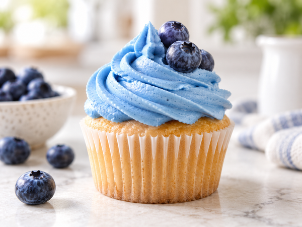 Vanilla cupcake with sky-blue spirulina frosting and blueberries