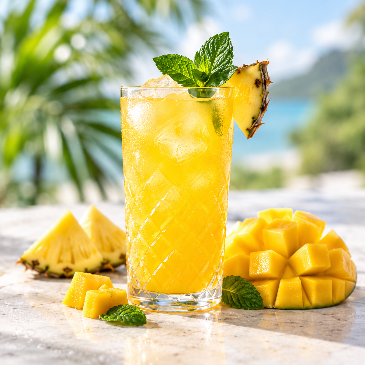 Golden Yellow Drink refresher served over ice in a tall glass with mango and pineapple nearby