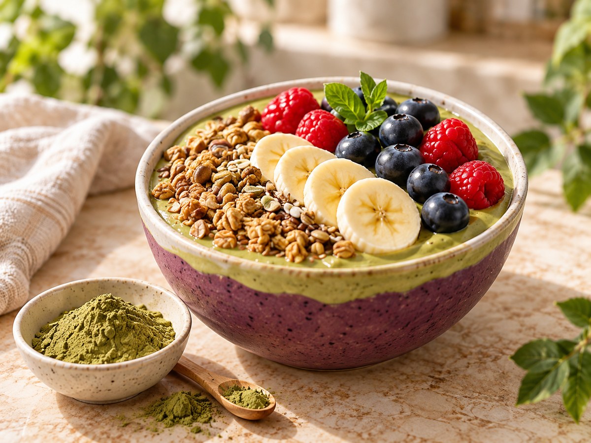 Açaí berry breakfast bowl with an olive matcha-yogurt layer beneath the fruit