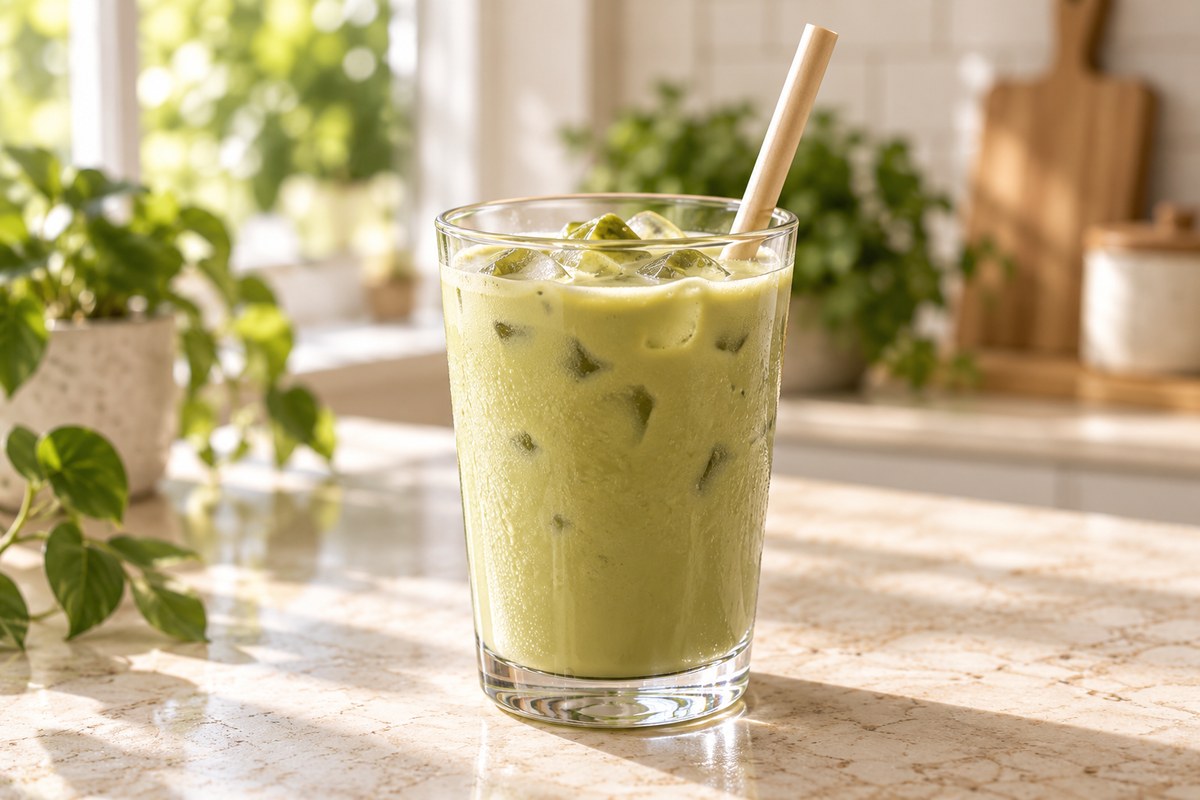 Everyday iced Ryori Matcha latte with a naturally muted olive color