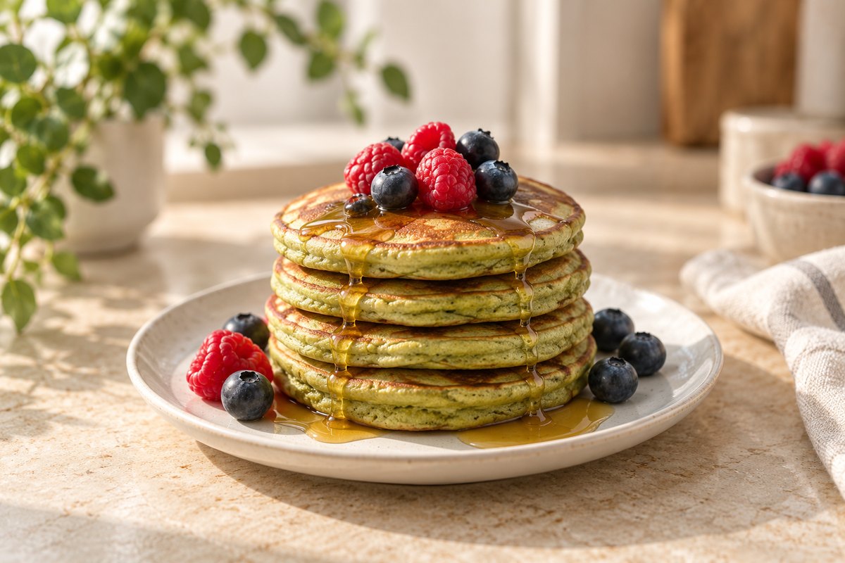 Pancakes baked with culinary Japanese Ryori Matcha and berries