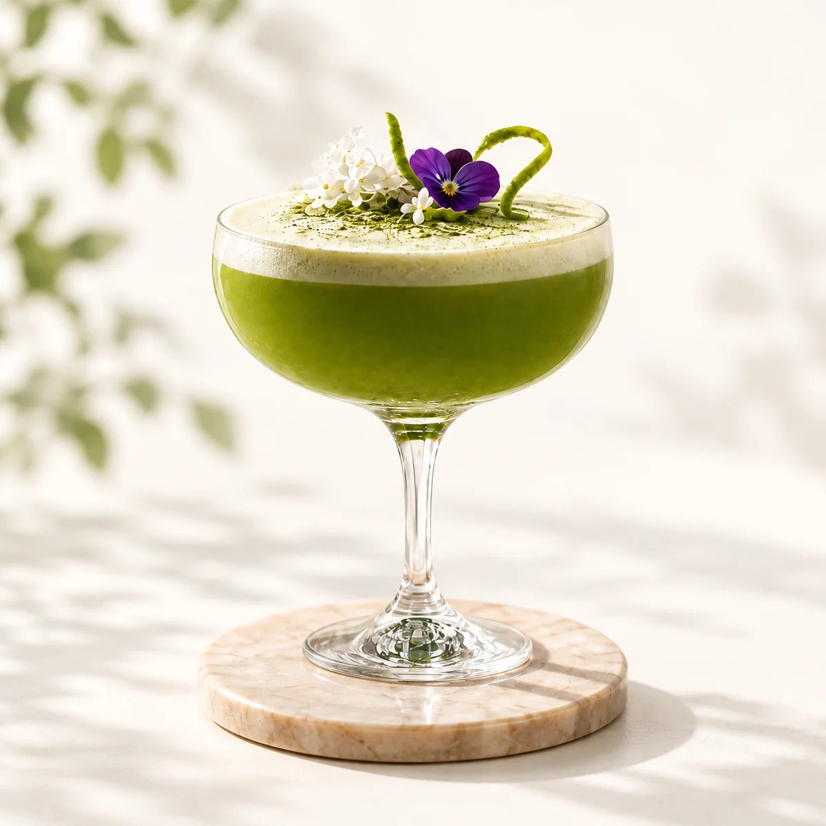 Velvet matcha martini with creamy foam in an elegant coupe glass