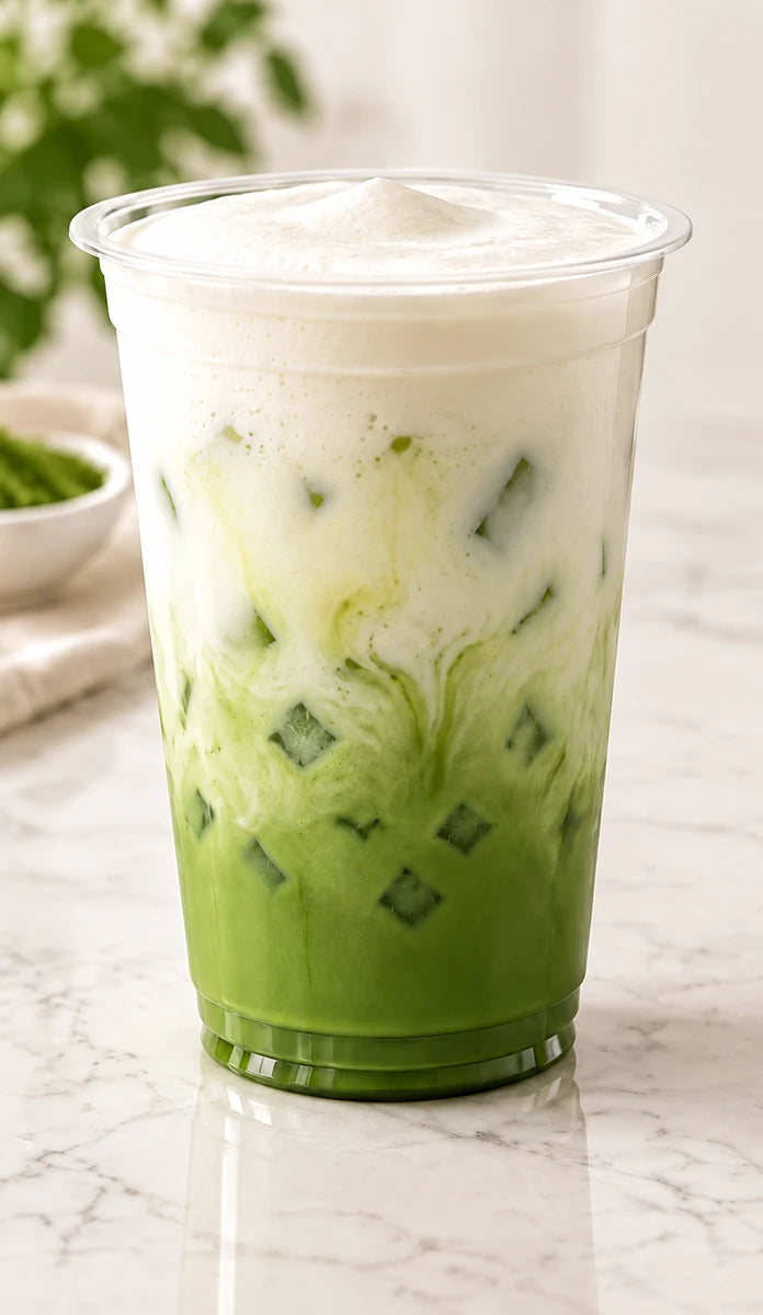 Creamy iced matcha latte after adding milk