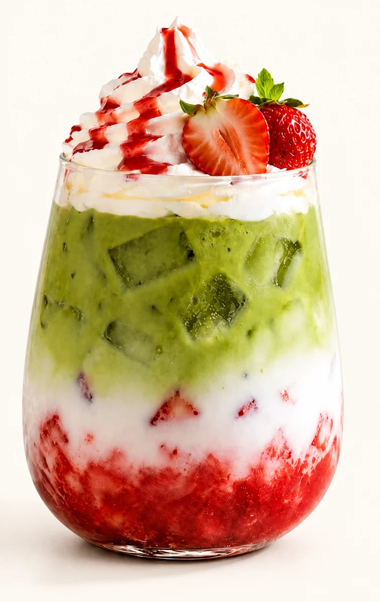 Layered strawberry iced matcha latte topped with whipped cream and fresh strawberries