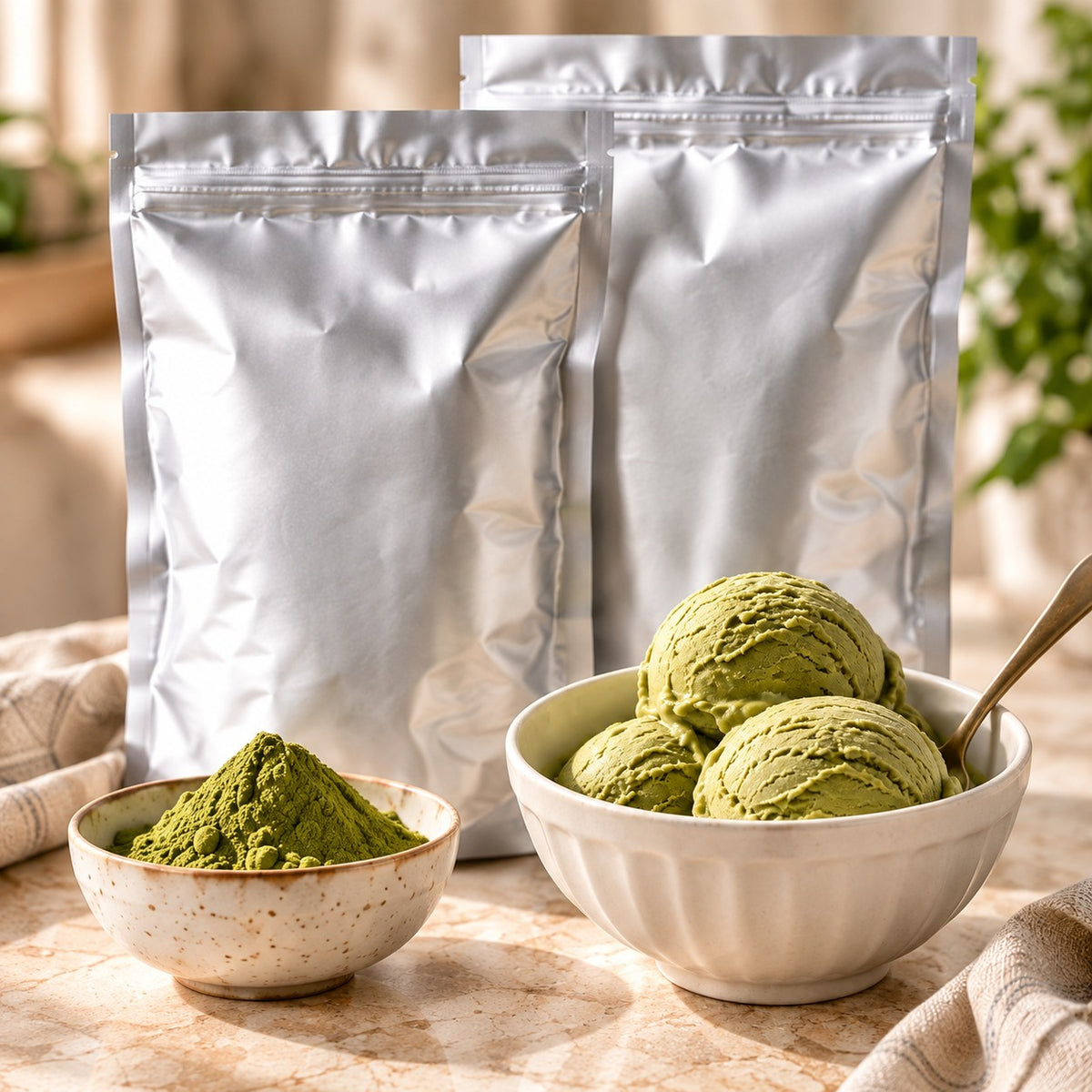 Two unlabeled silver wholesale Ryori matcha bags with matcha ice cream and powder