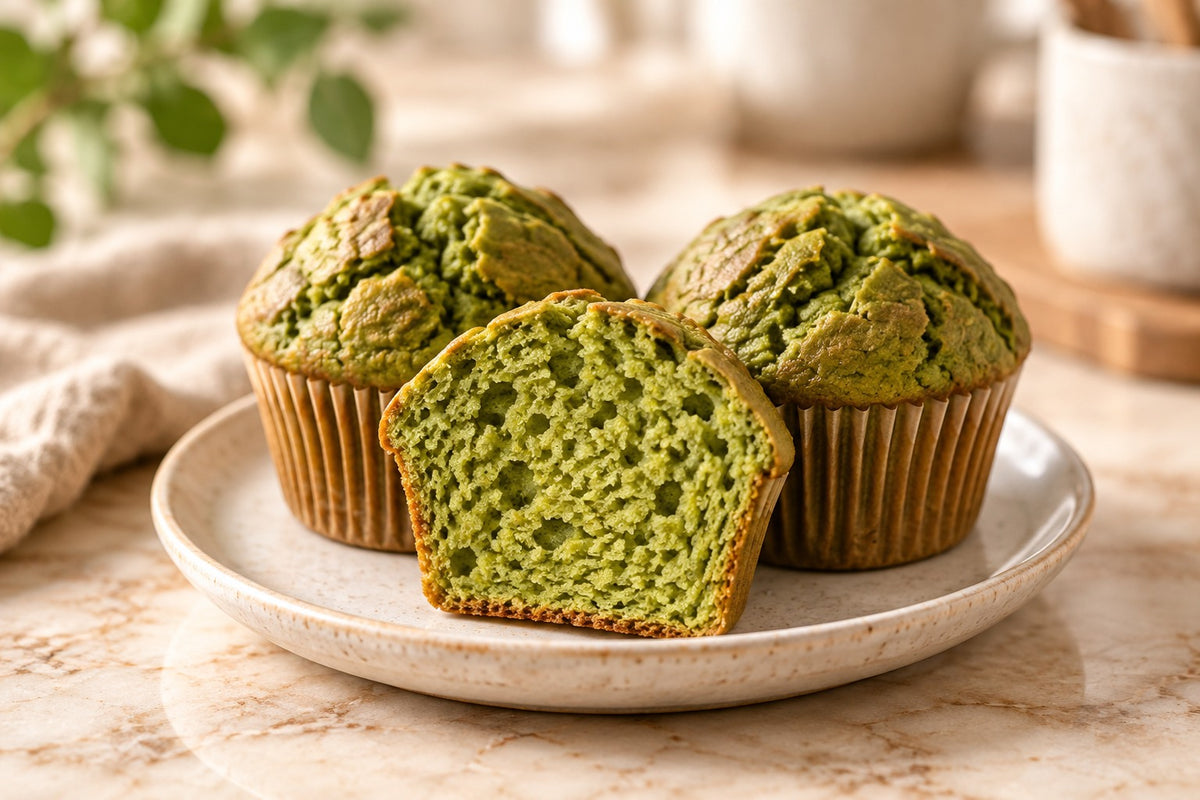 Green matcha muffins with a cut muffin showing the crumb