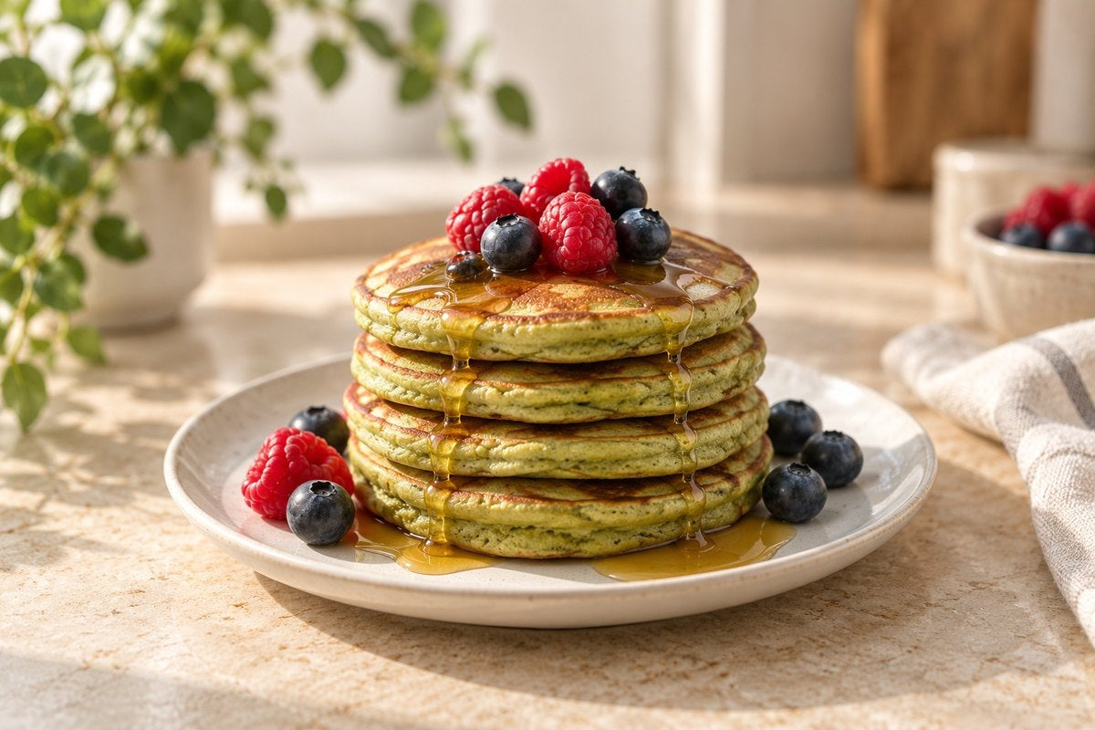 Stack of matcha pancakes with raspberries, blueberries and syrup