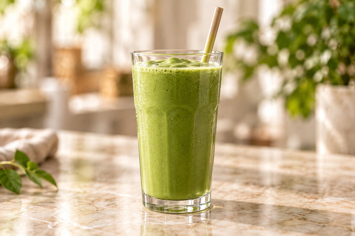 Blended green matcha smoothie in a tall glass