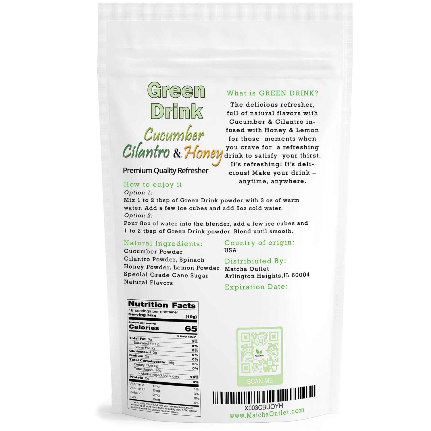 Back of Green Drink cucumber refresher mix bag with product information