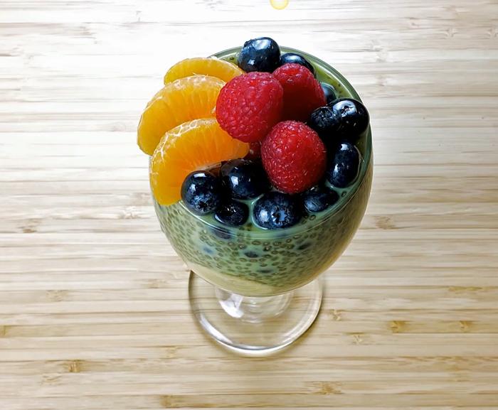 Overnight Matcha Chia Pudding prepared and ready to serve