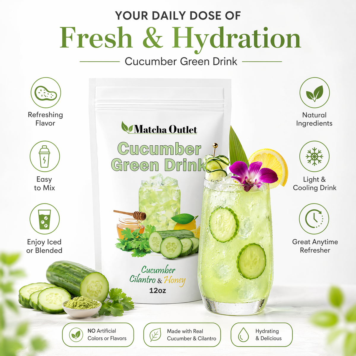 Green Drink cucumber refresher mix with honey, lemon and cilantro