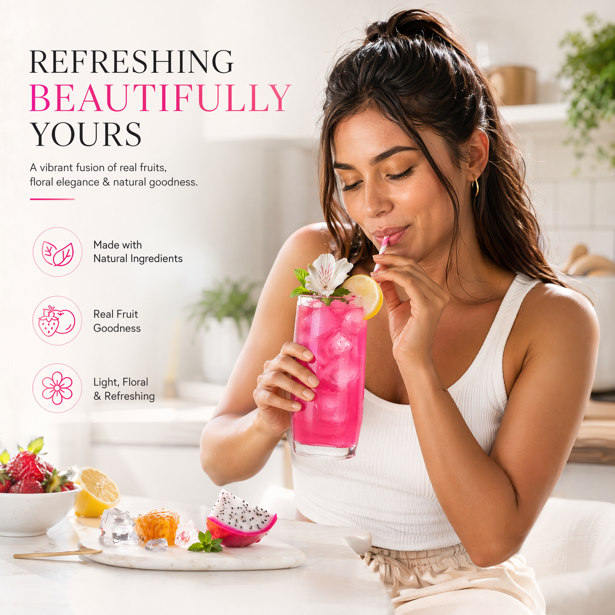 Woman enjoying a bright pink Dragon Fruit & Honey refresher over ice with dragon fruit and lemon