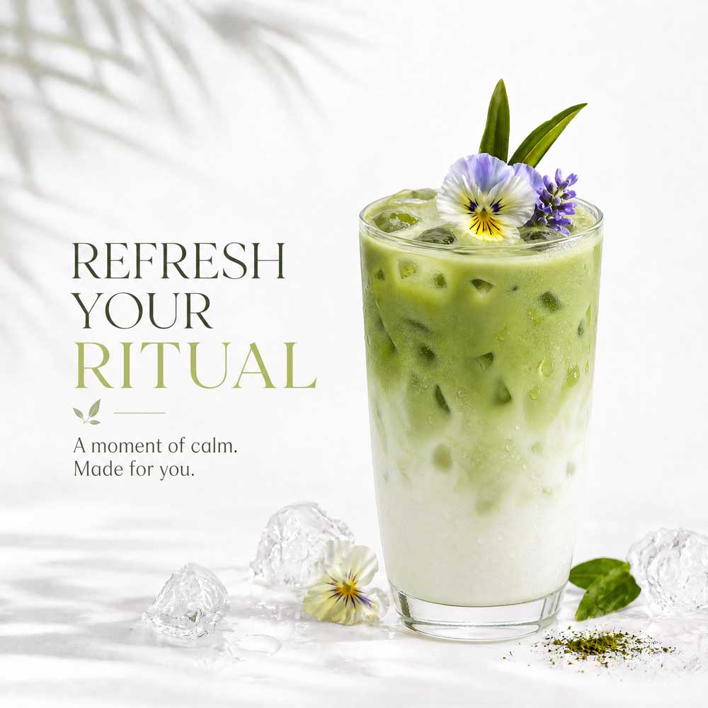 Iced matcha latte made with Private Reserve Matcha A23