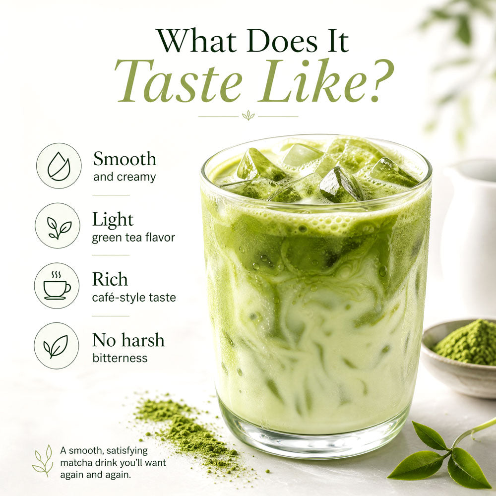 Iced Sweet Japanese Matcha latte showing smooth creamy texture and light green tea flavor