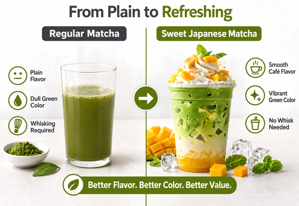 Regular matcha and Sweet Japanese Matcha latte preparation comparison