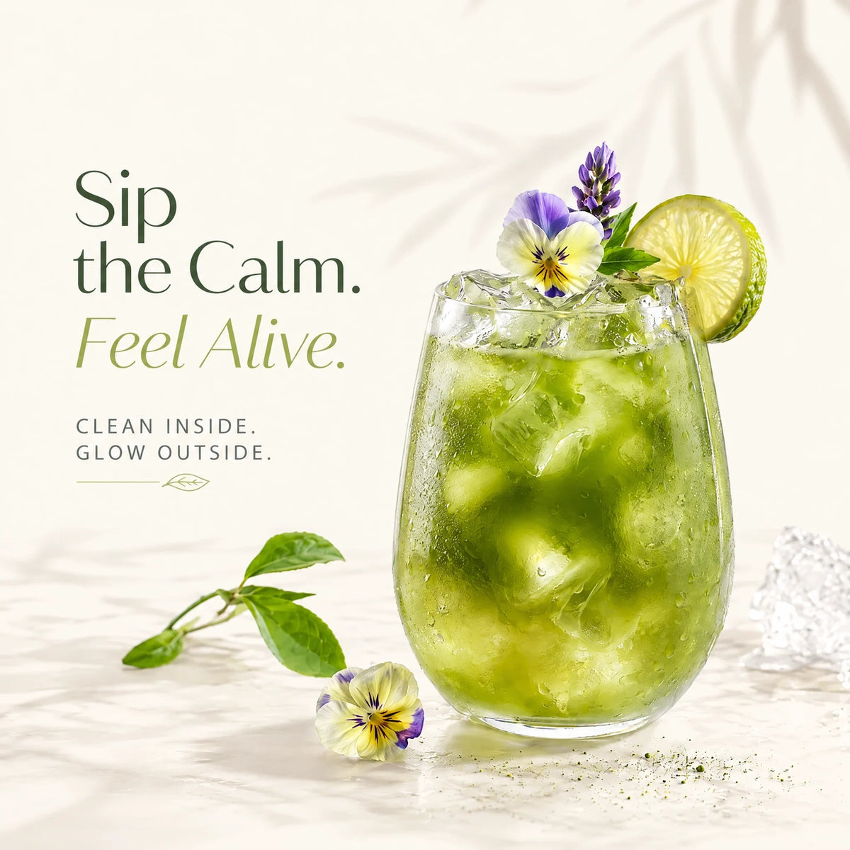 A23 iced matcha campaign with a glass of green matcha, ice and flowers