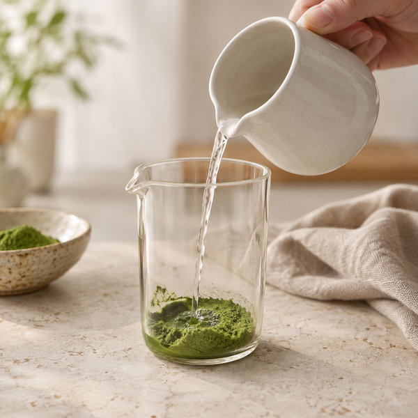 Adding warm water to A23 matcha powder in a tall glass