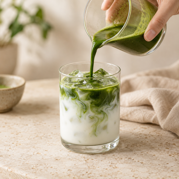 Pouring electrically whisked matcha over cold milk and ice