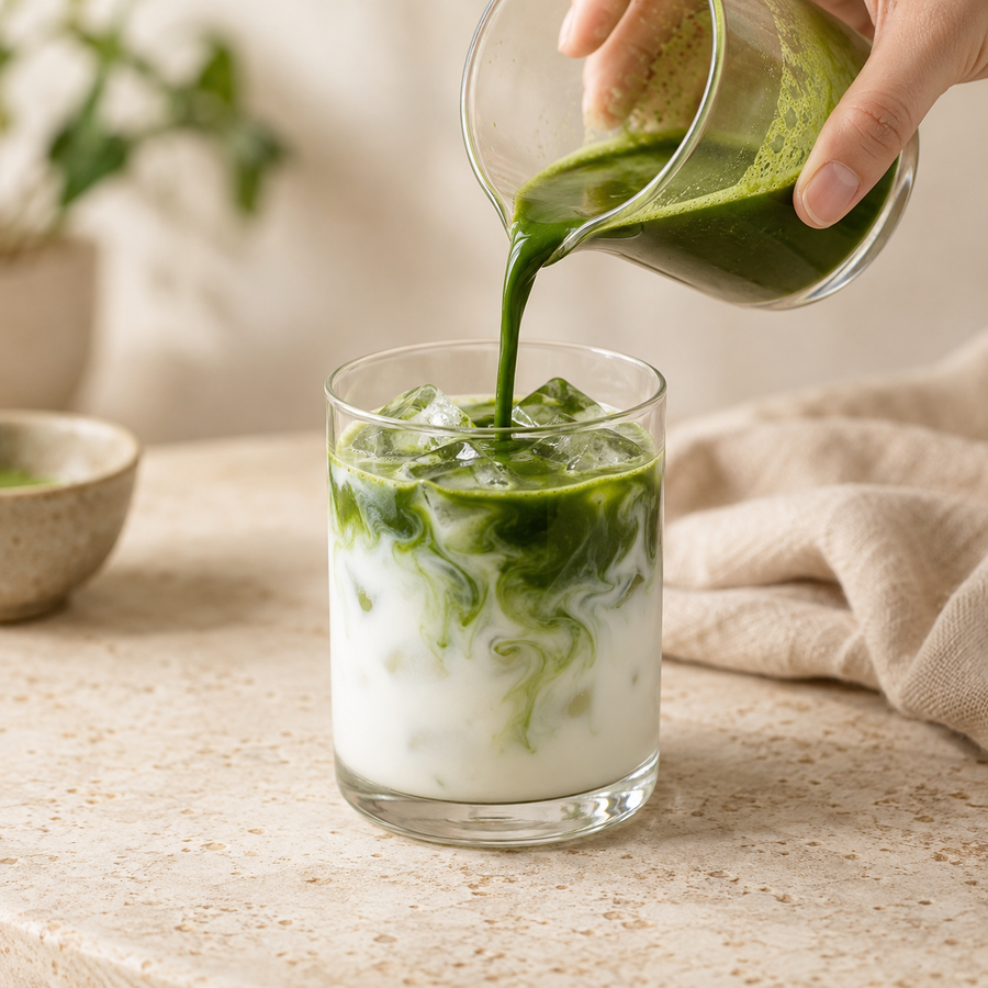 Pour blended matcha over milk and ice