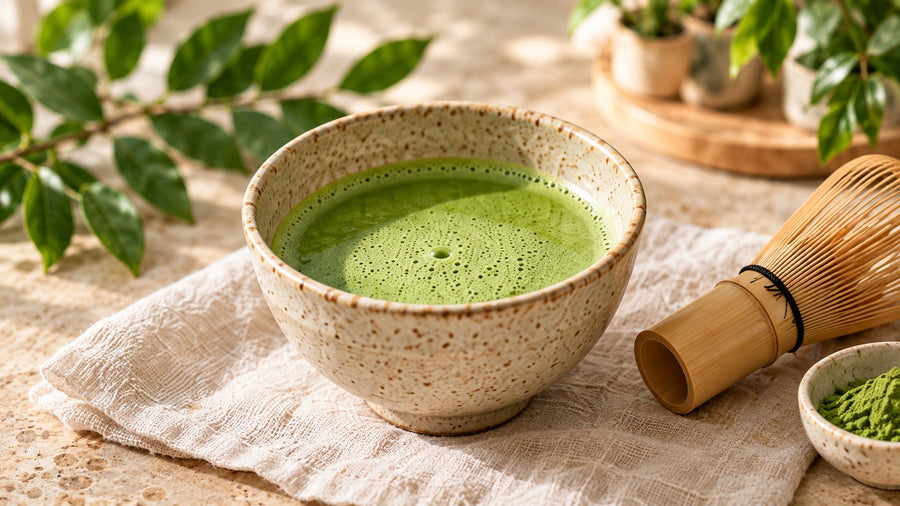A bowl of freshly whisked green Japanese matcha beside a bamboo whisk