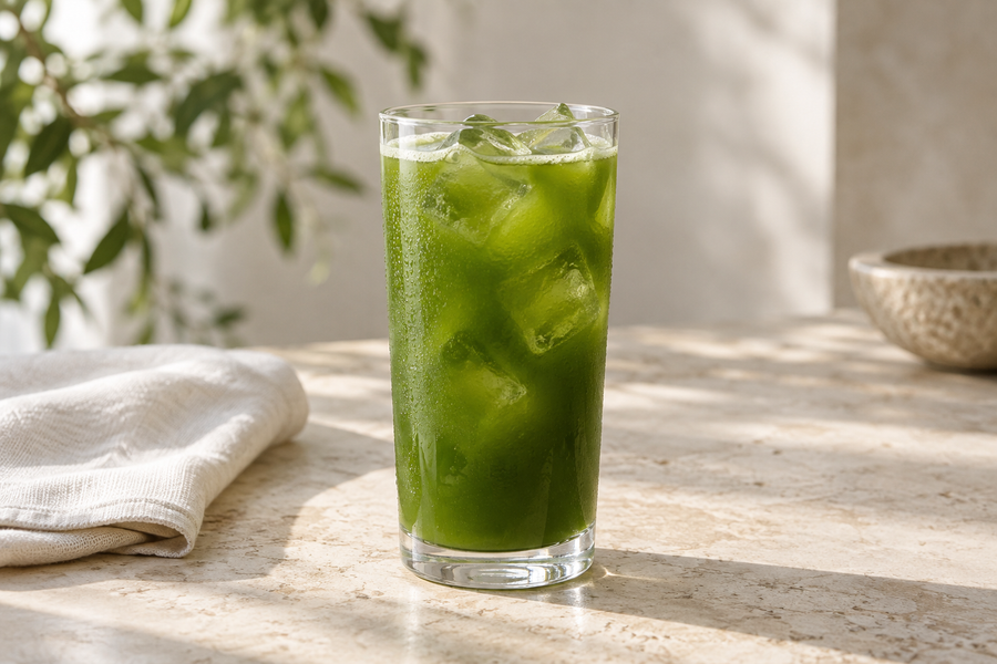 Iced water-based matcha in a clear glass on an ivory stone counter
