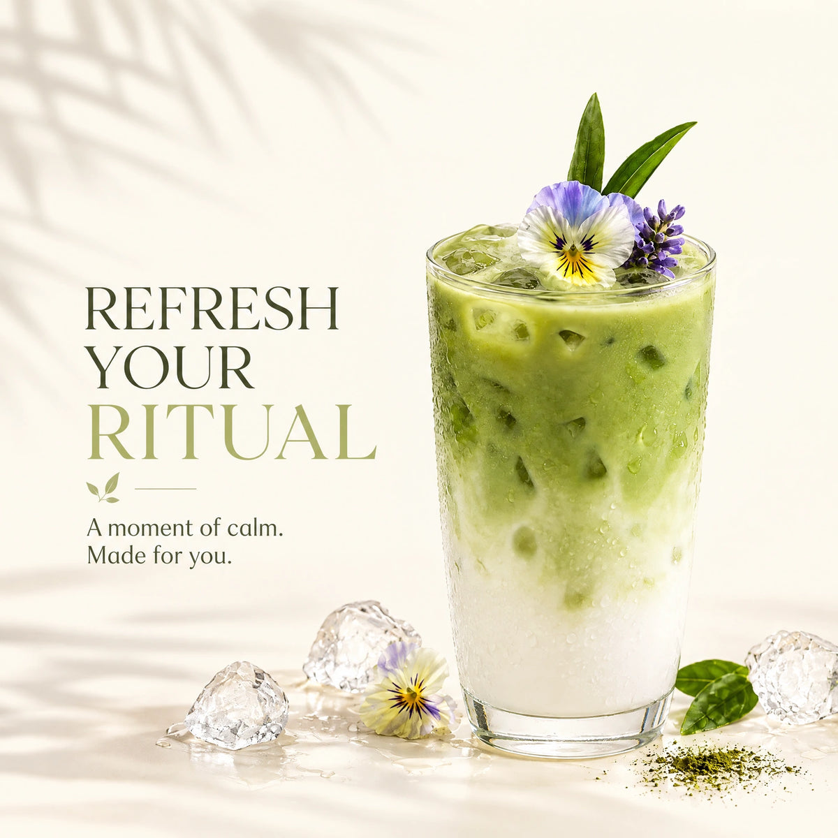 Original A23 iced matcha latte campaign photo with flowers and ice