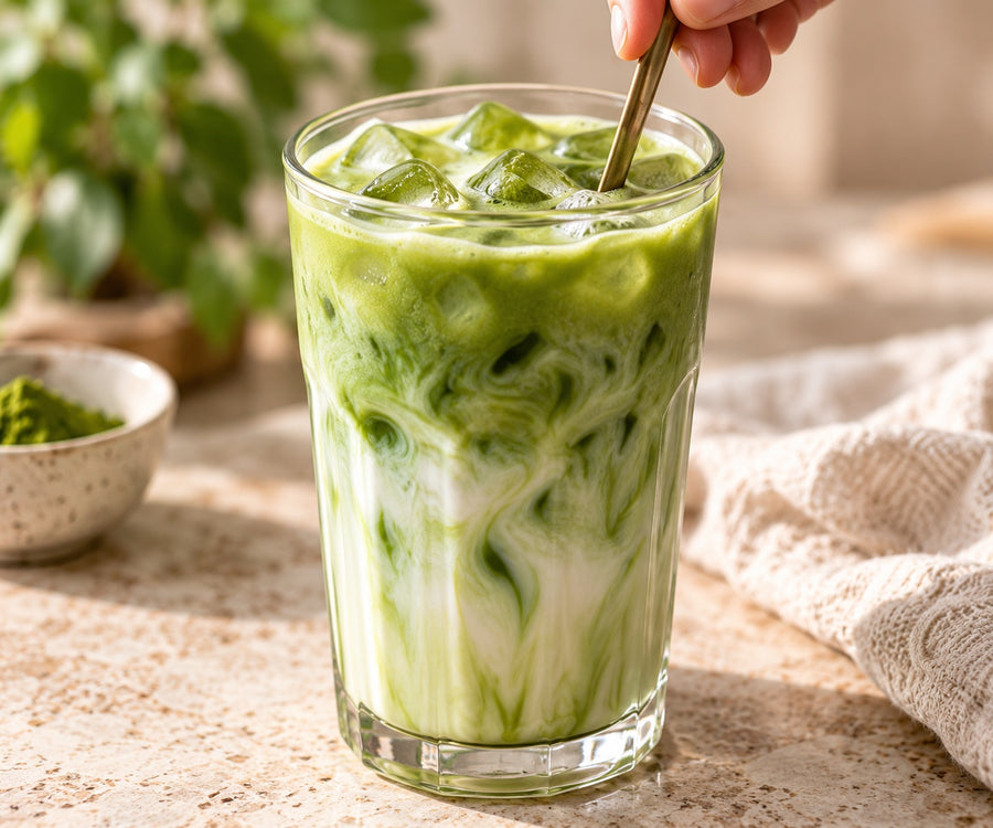 A layered green iced matcha latte in a clear glass
