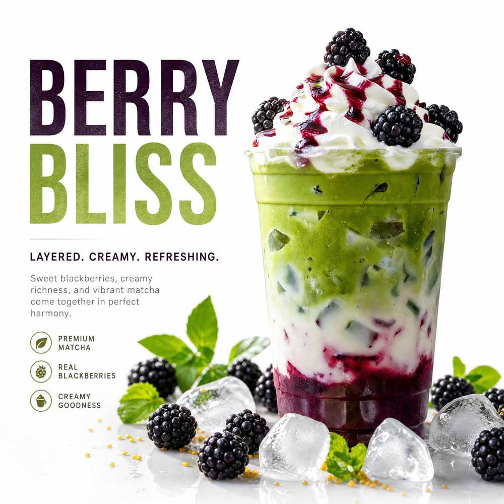 Blackberry iced matcha latte made with Sweet Japanese Matcha