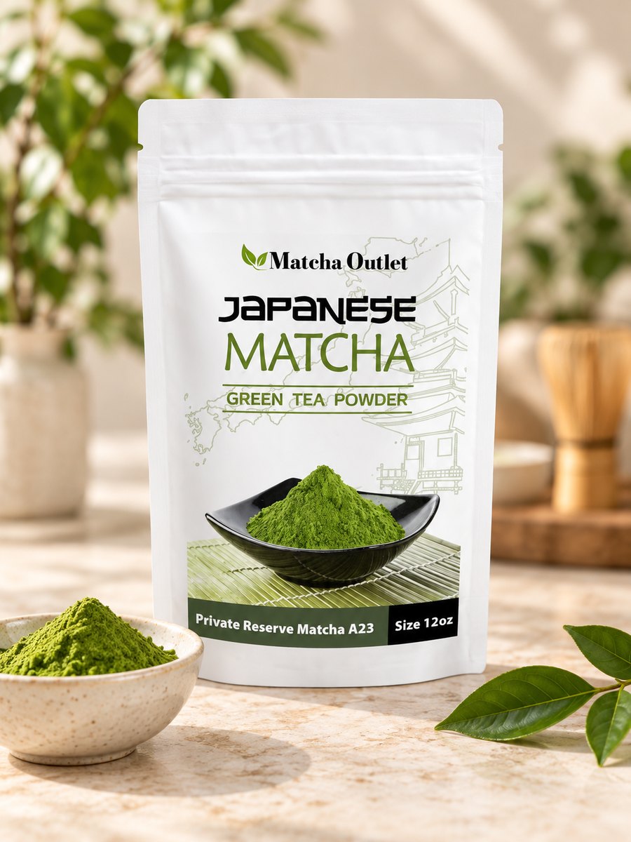 Private Reserve Matcha A23 12 oz pouch beside matcha powder