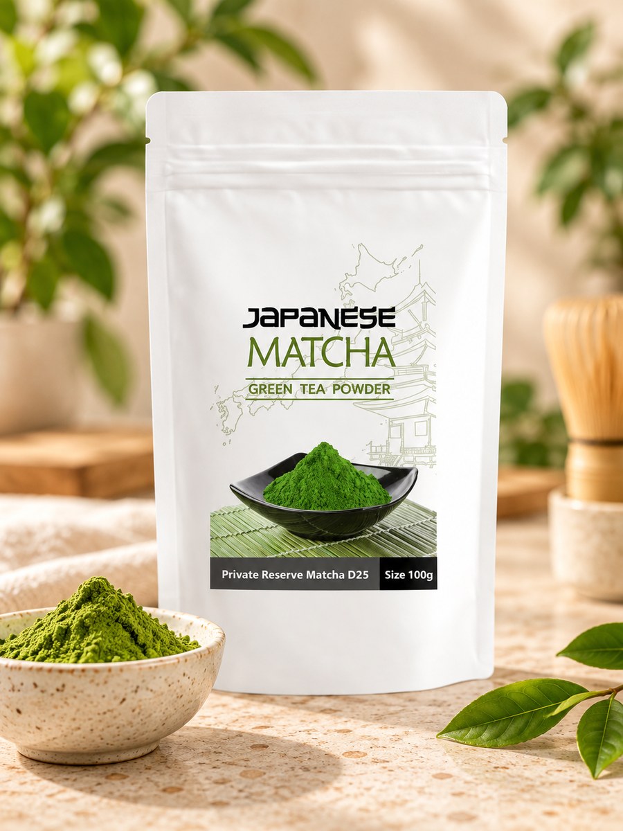 Private Reserve D25 Matcha 100 g pouch beside matcha powder