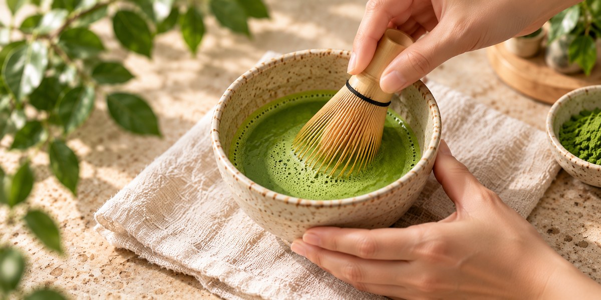 Whisking matcha with warm water in a speckled bowl