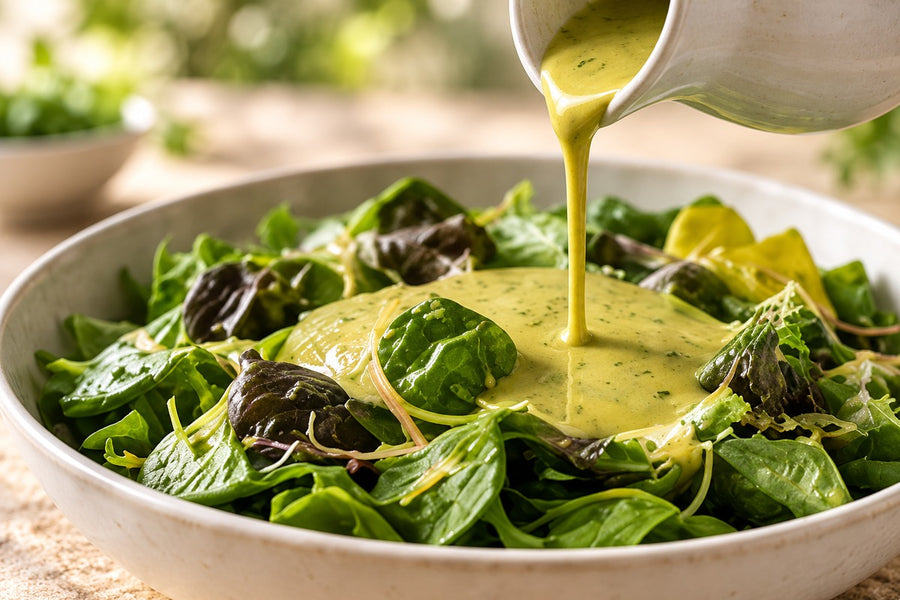Olive-yellow matcha dressing poured over a leafy salad