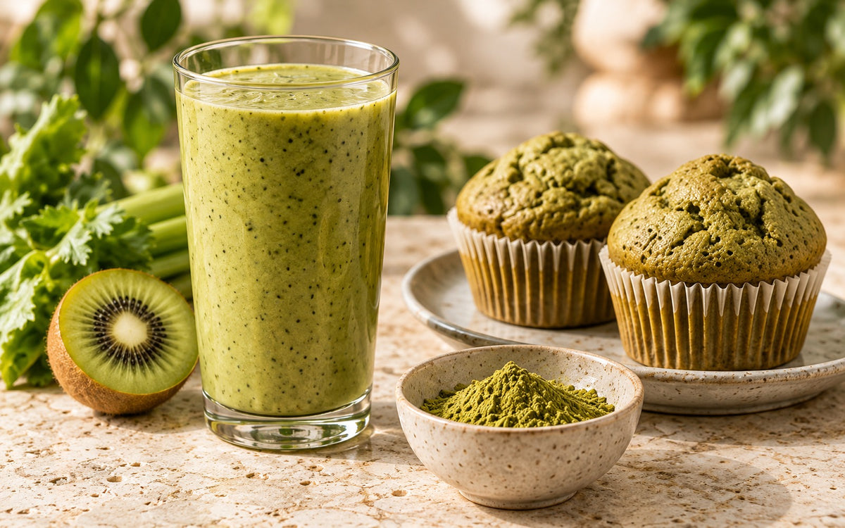Kiwi and celery matcha smoothie, matcha muffins and olive-yellow culinary powder
