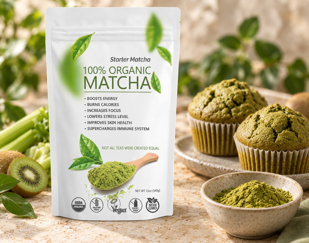 Organic Starter Matcha pouch with muffins and culinary matcha powder