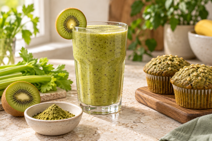 Naturally olive-yellow culinary matcha powder beside a fresh smoothie