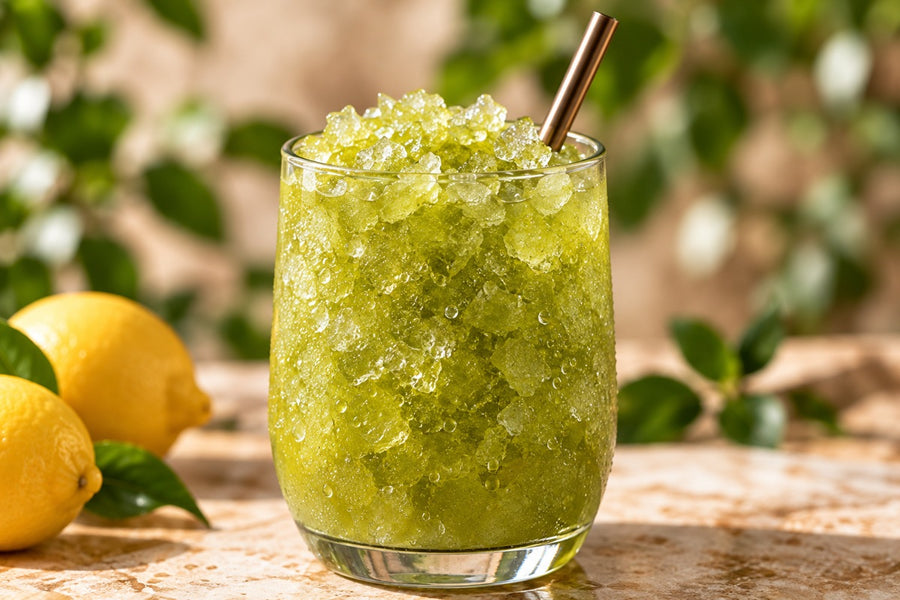 Matcha lemonade water-and-ice slush with crushed ice crystals