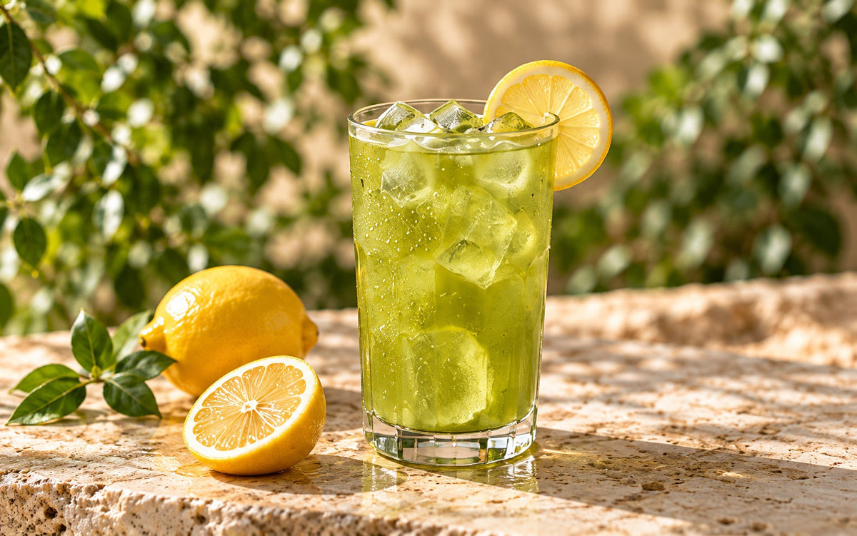 Water-based matcha lemonade with clear ice and a lemon slice
